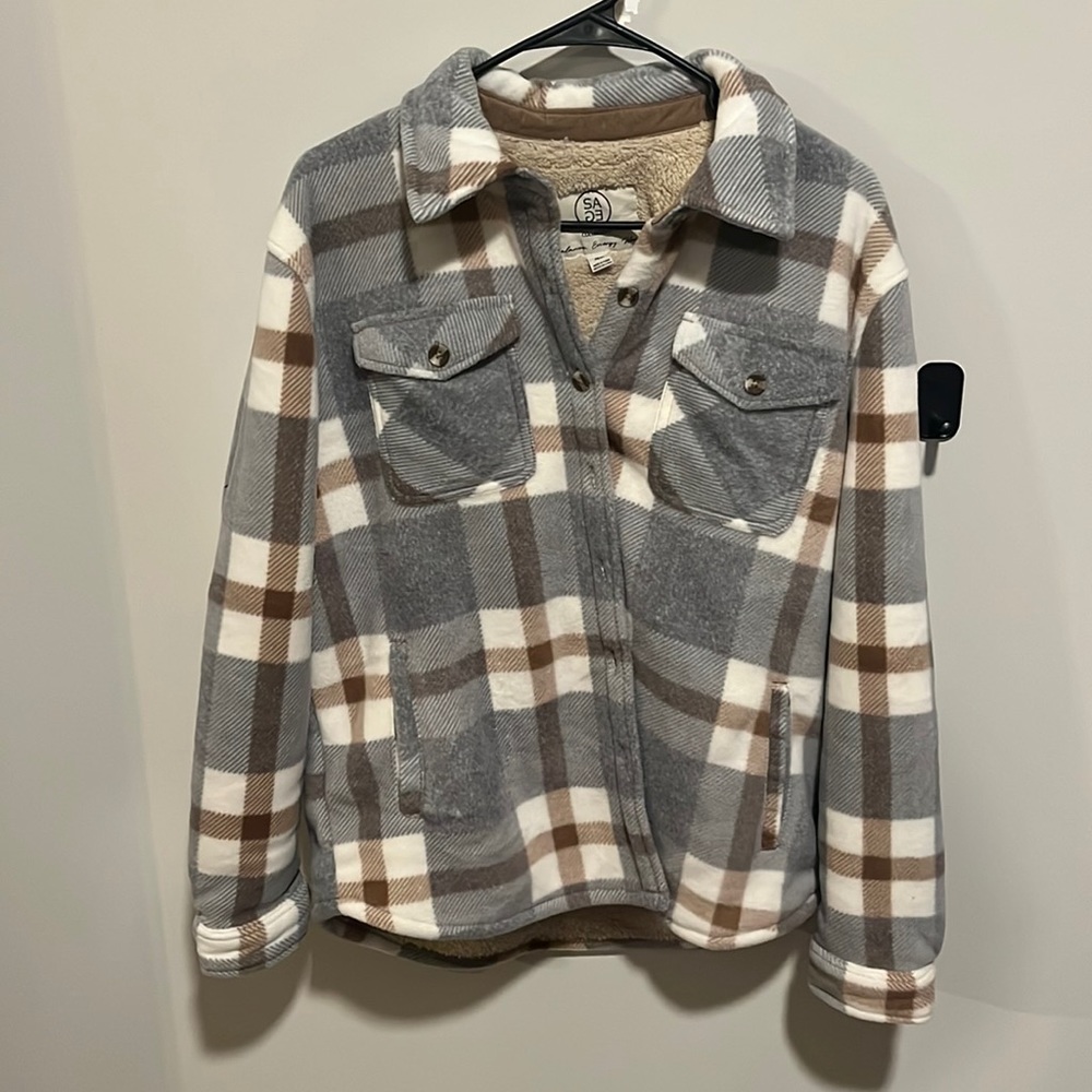 Brown, grey and white shacket.